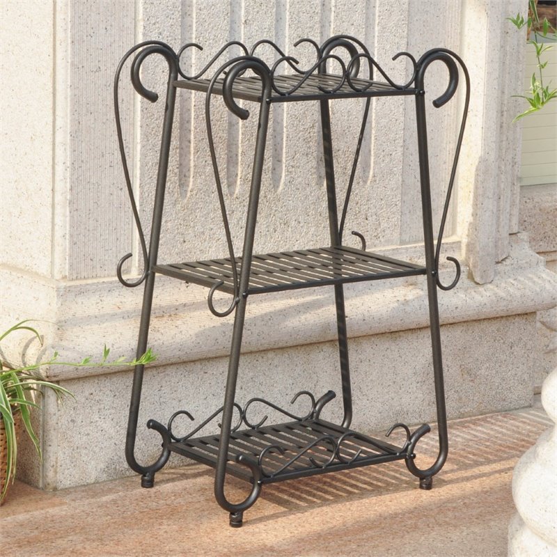 International Caravan Santa Fe 3 Tier Iron Plant Shelf in Black