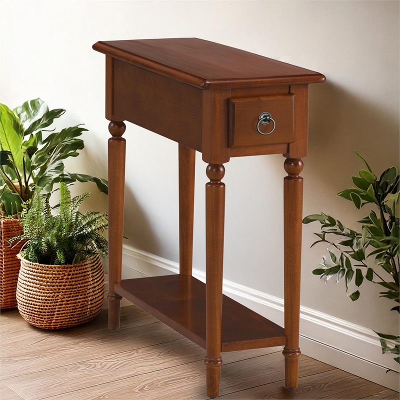 Leick Coastal10 in. Solid Wood Narrow Side Table with Drawer Shelf Pecan Brown
