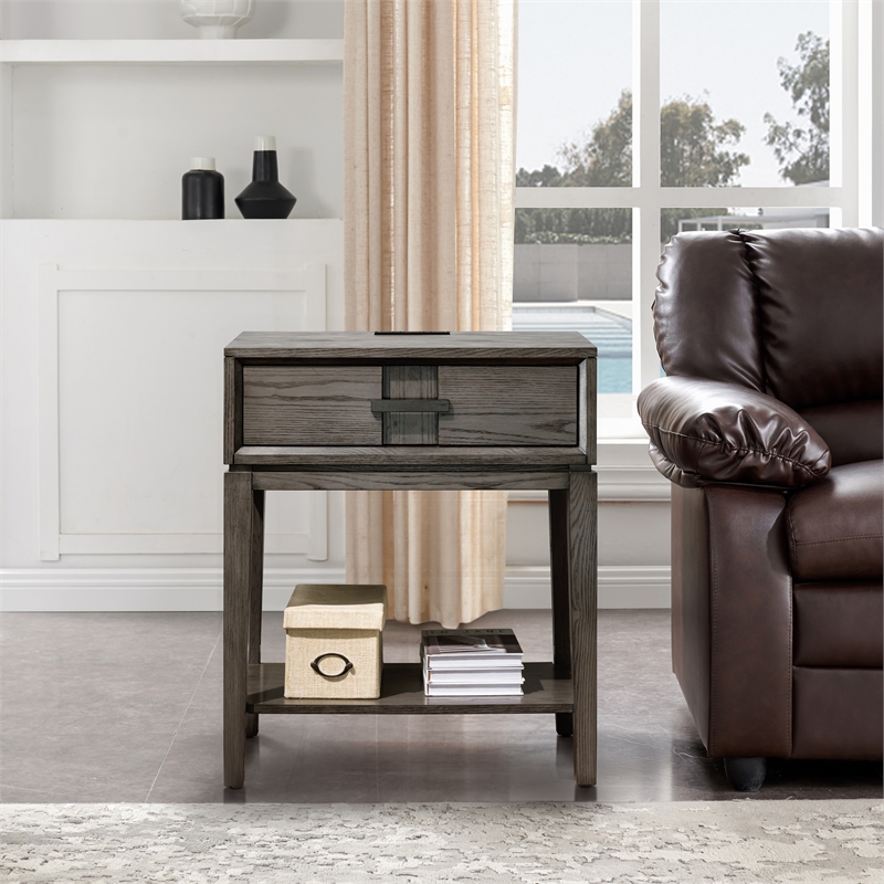 Leick Home Recessed Drawer Nightstand with Top AC/USB Charger in Oak