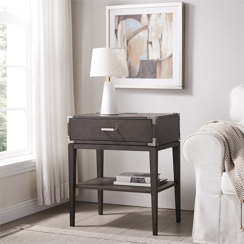 Beckett Wood Drawer Nightstand Table with AC/USB Charger in Gray