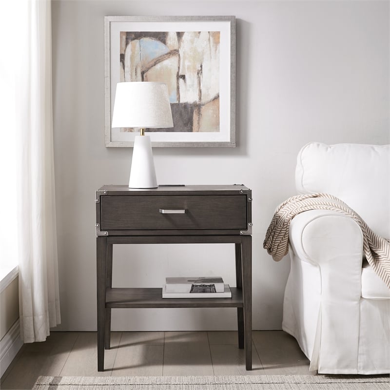Beckett Wood Drawer Nightstand Table with AC/USB Charger in Gray