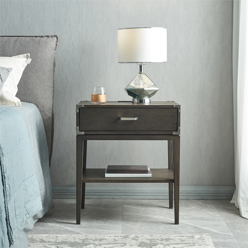 Beckett Wood Drawer Nightstand Table with AC/USB Charger in Gray