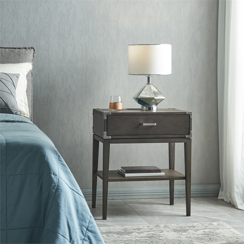 Beckett Wood Drawer Nightstand Table with AC/USB Charger in Gray