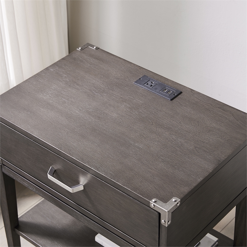 Beckett Wood Drawer Nightstand Table with AC/USB Charger in Gray