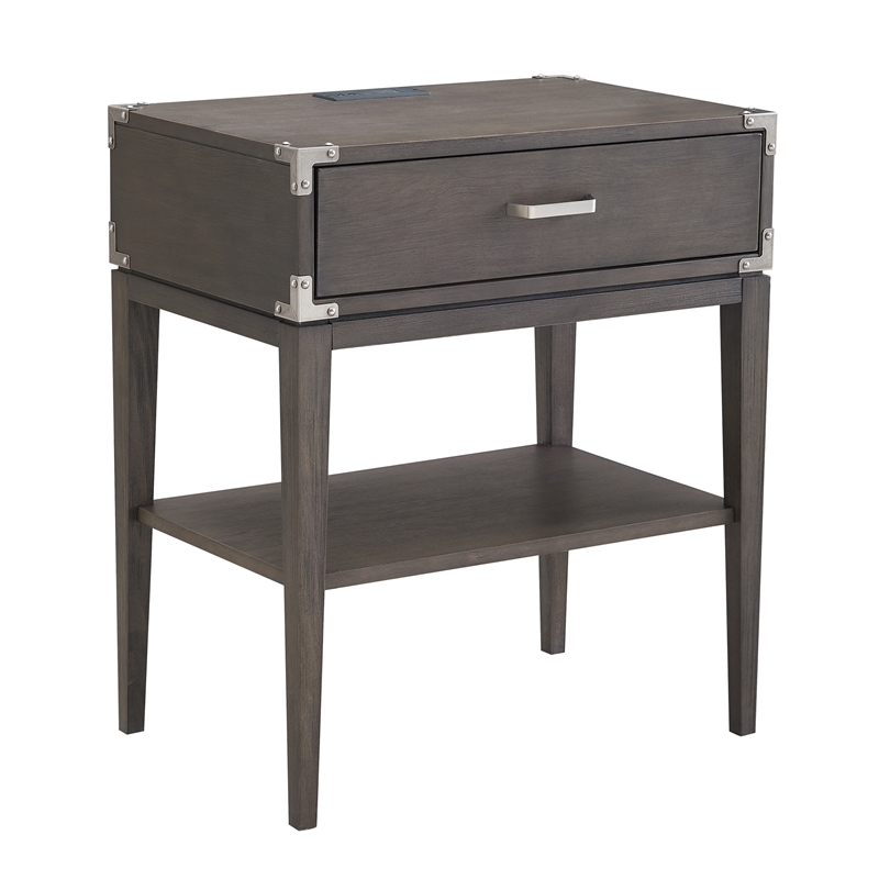 Beckett Wood Drawer Nightstand Table with AC/USB Charger in Gray