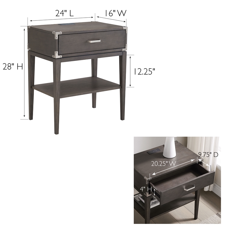 Beckett Wood Drawer Nightstand Table with AC/USB Charger in Gray