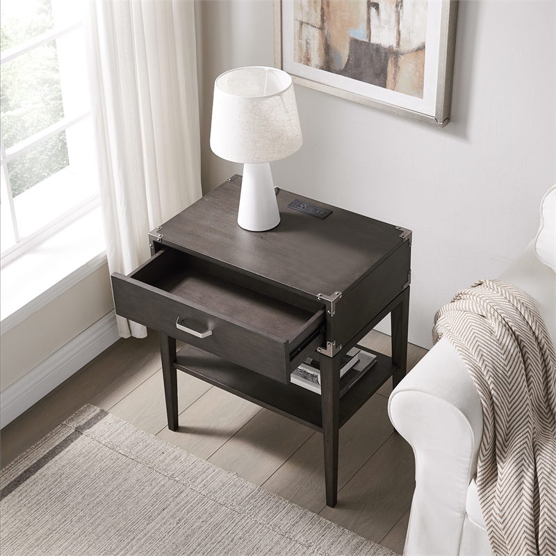 Beckett Wood Drawer Nightstand Table with AC/USB Charger in Gray