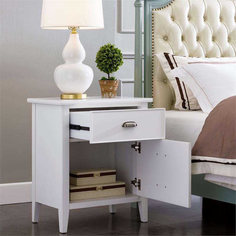 Laurent Wood Nightstand with Drawer/Door Storage & AC/USB Outlet in White