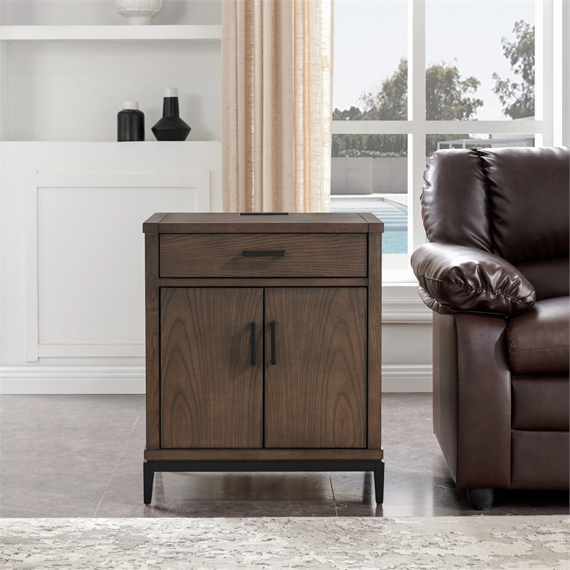 9079-GRMB Julien Assembled Wood Nightstand Table w/ AC/USB in Coffee Bean/Black