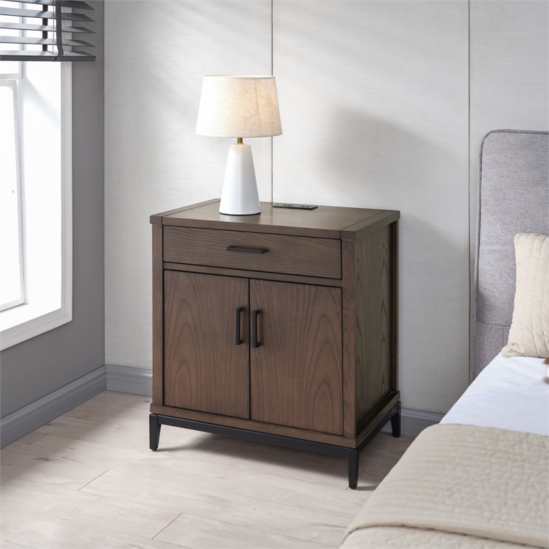 9079-GRMB Julien Assembled Wood Nightstand Table w/ AC/USB in Coffee Bean/Black
