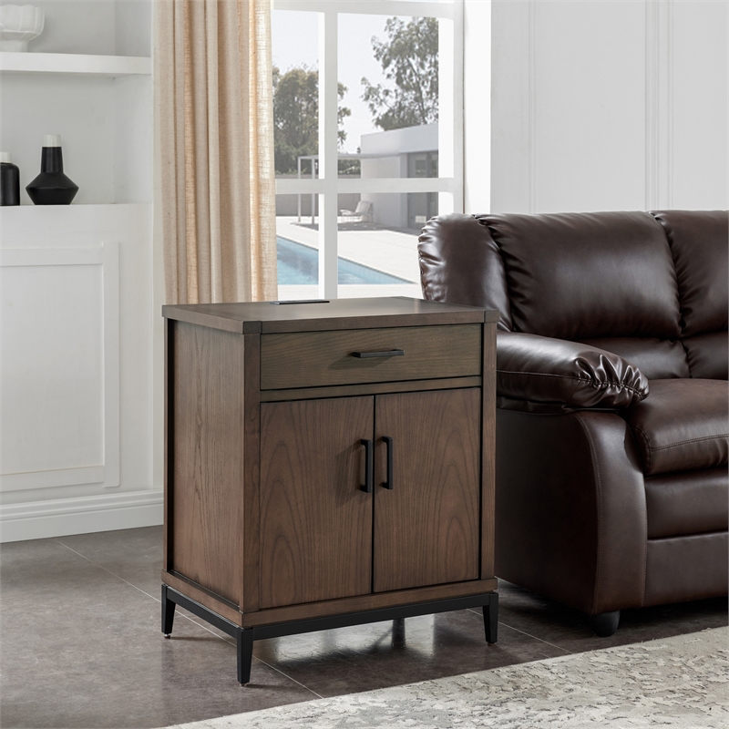 9079-GRMB Julien Assembled Wood Nightstand Table w/ AC/USB in Coffee Bean/Black