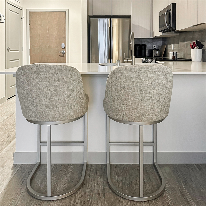 Barrelback Counter Stool w/ Oatmeal Seat & Pewter Metal Base-Set of 4