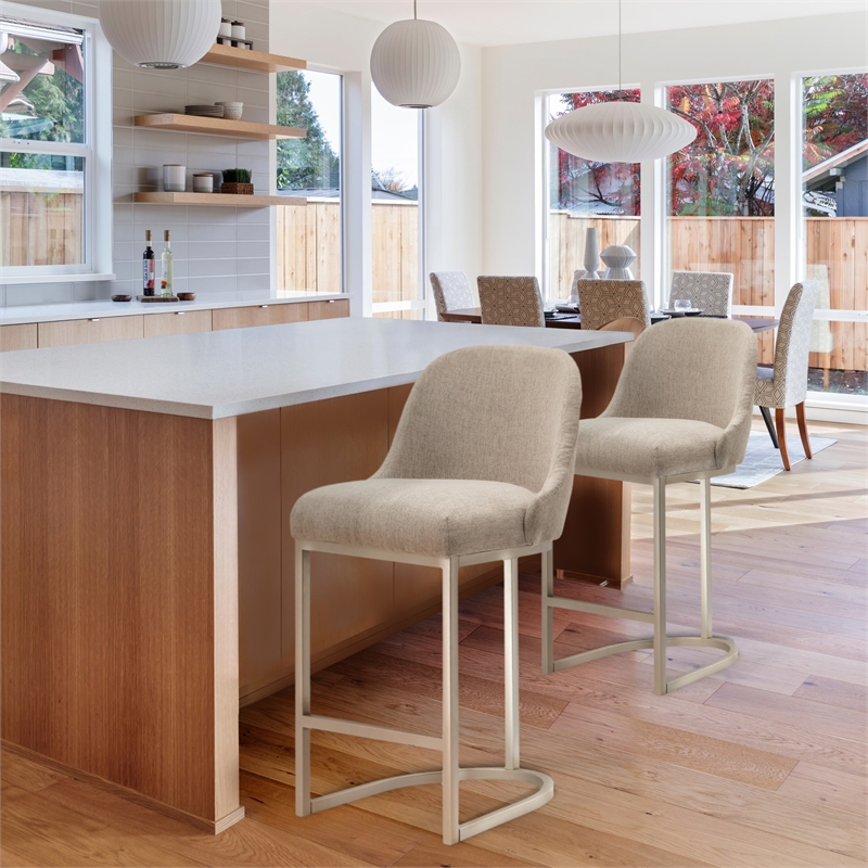 Barrelback Counter Stool w/ Oatmeal Seat & Pewter Metal Base-Set of 4