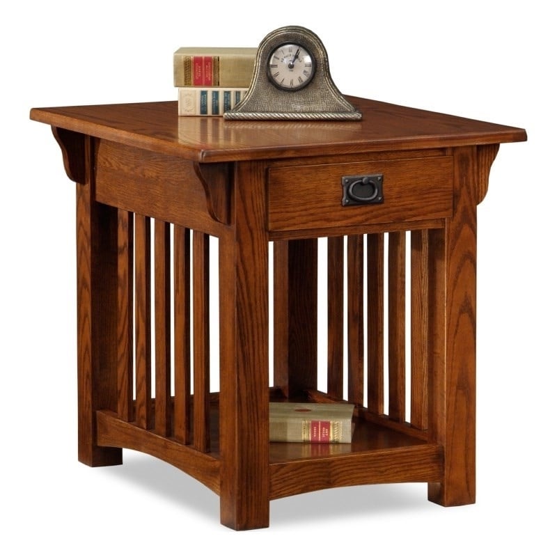 Leick Furniture Wood Mission End Table with Storage Drawer and Shelf in Oak