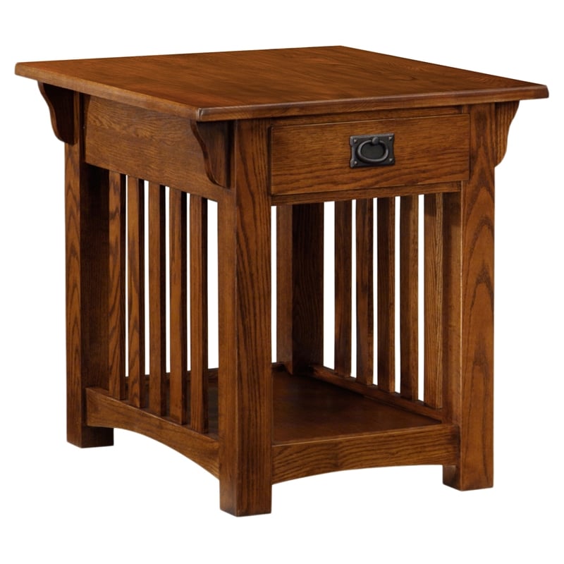 Leick Furniture Wood Mission End Table with Storage Drawer and Shelf in Oak