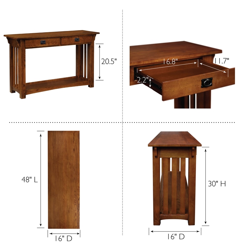 Leick Furniture Wood Mission Console Table with Drawers and Shelf in Oak