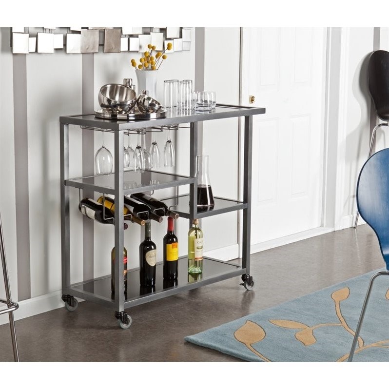 Holly & Martin Zephs Bar Cart in Gunmetal Gray with Black Glass