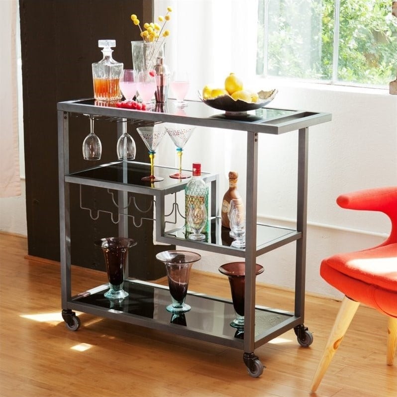 Holly & Martin Zephs Bar Cart in Gunmetal Gray with Black Glass