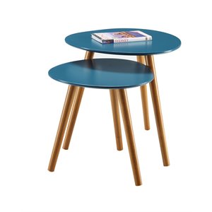 Convenience Concepts Oslo Two Piece Nesting Table Set in Blue Solid Wood Finish