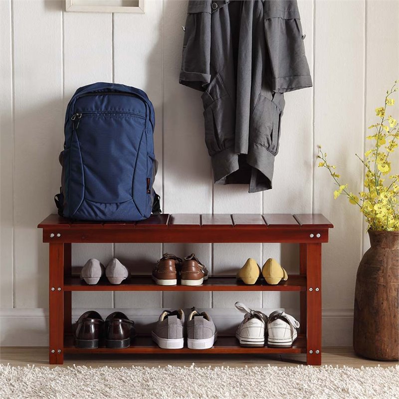 Convenience Concepts Oxford Utility Mudroom Entryway Bench in Cherry Wood Finish