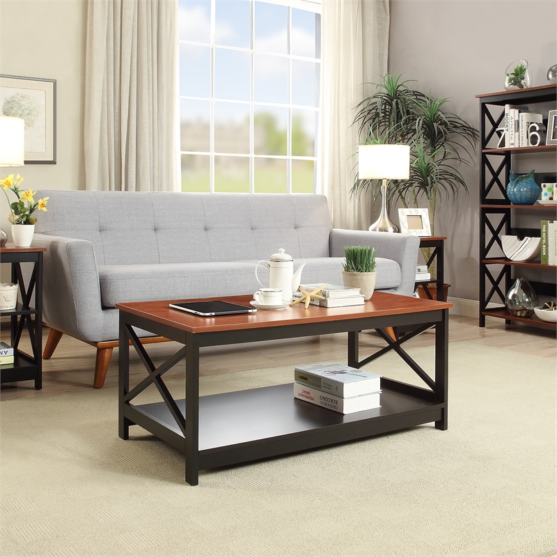 Oxford Coffee Table with Shelf in Cherry and Black Wood Finish