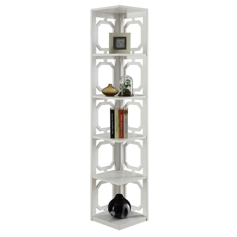 Convenience Concepts Omega Five-Shelf Corner Bookcase in White Wood Finish