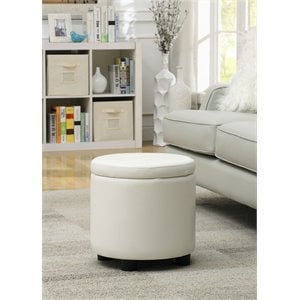 Designs4Comfort Round Accent Storage Ottoman in Ivory White Faux Leather Fabric