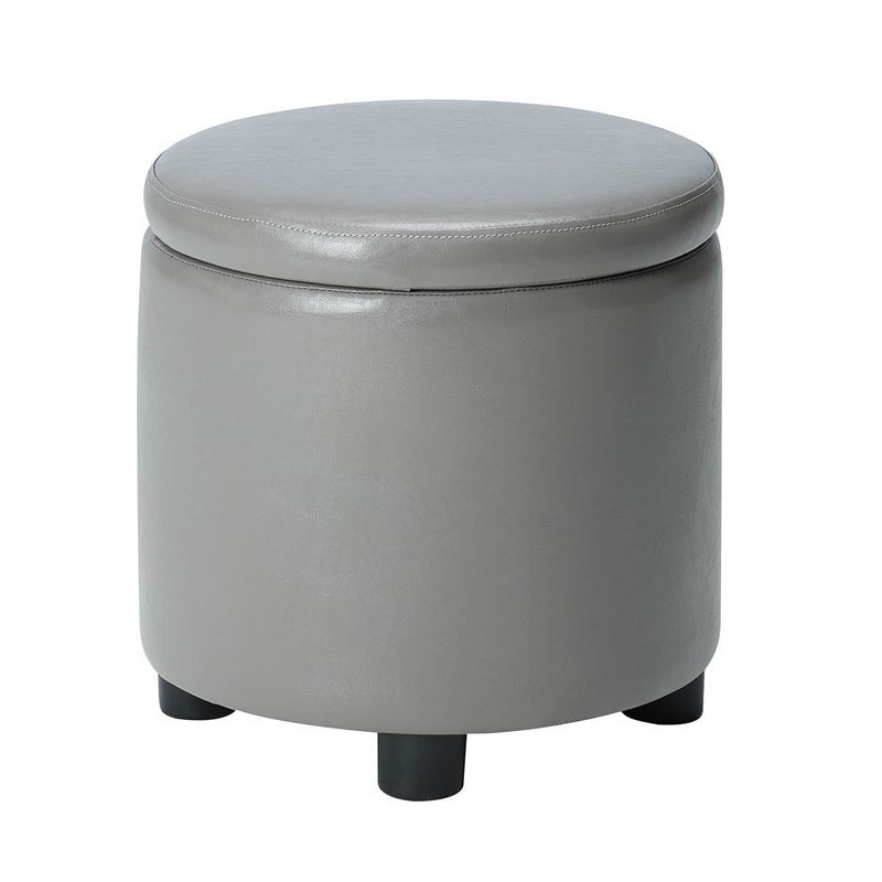 Designs4Comfort Round Accent Storage Ottoman in Gray Faux Leather Fabric