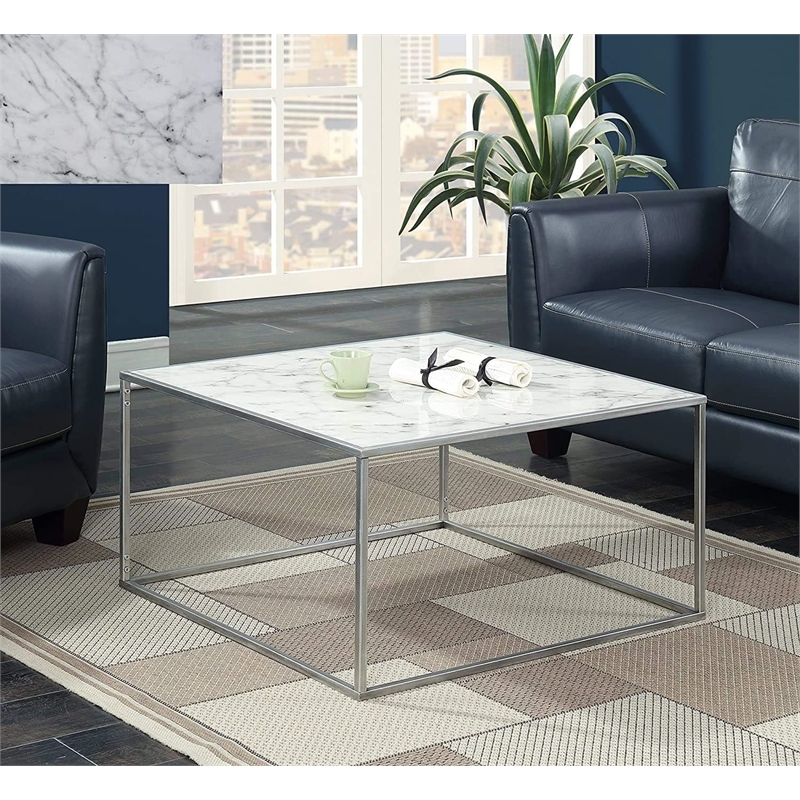 Gold Coast Coffee Table in Black Faux Marble Wood Finish and Silver Metal Frame