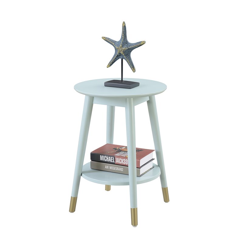 Wilson Mid-Century Round End Table with Bottom Shelf in Sea Foam Green Wood