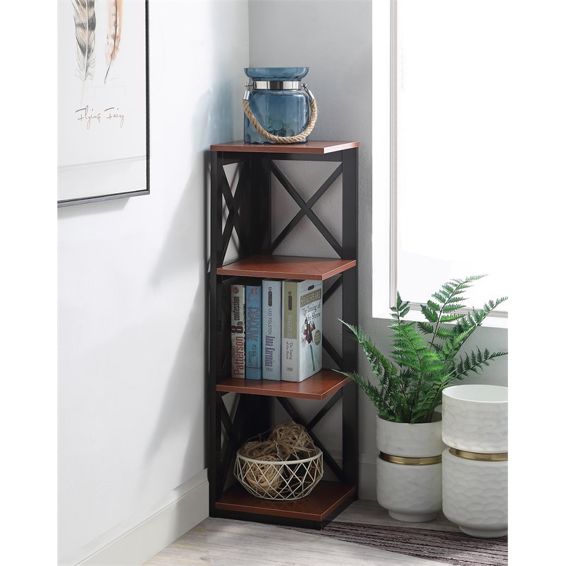 Convenience Concepts Oxford Thre-Tier Corner Bookcase in Cherry and Black Wood