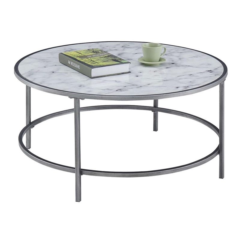 Convenience Concepts Gold Coast Faux Marble Round Coffee Table in White Wood