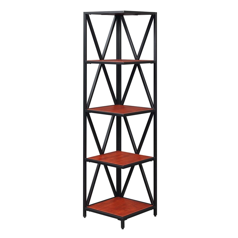 Convenience Concepts Tucson Black Metal Five-Tier Corner Bookcase in Cherry Wood