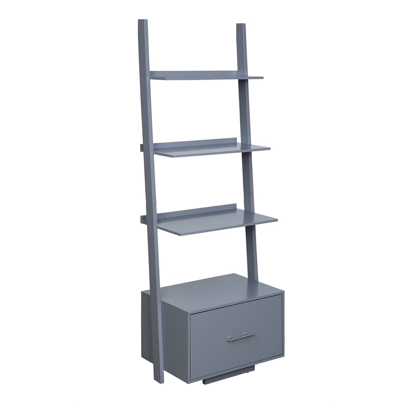 American Heritage Ladder Bookcase with File Drawer in Gray Wood Finish