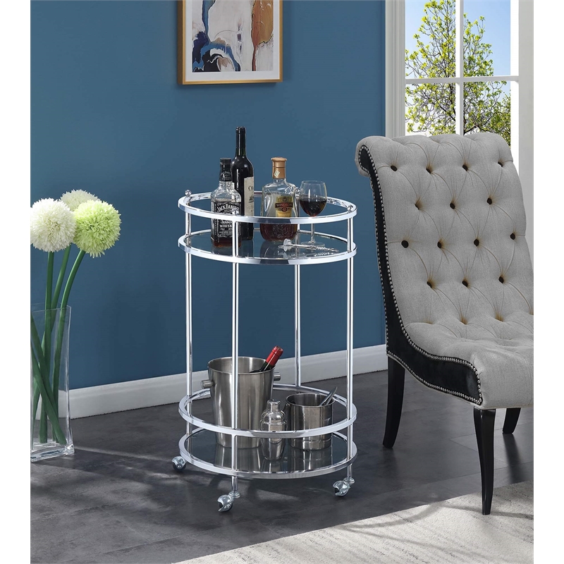 Royal Crest Bar Cart With Wheels in Clear Glass and Chrome Metal Frame