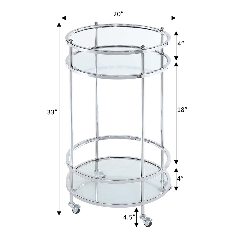 Royal Crest Bar Cart With Wheels in Clear Glass and Chrome Metal Frame