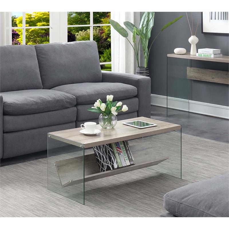 Convenience Concepts Soho Coffee Table in Driftwood Finish and Glass Sides