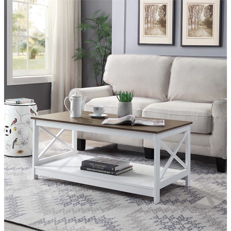 Oxford Coffee Table with Shelf In White/Driftwood Brown Wood Finish