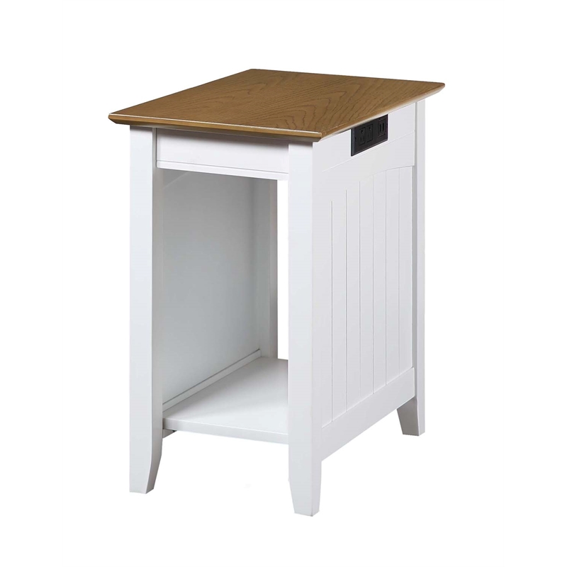 Edison End Table with Charging Station in White and Driftwood Brown Wood Finish