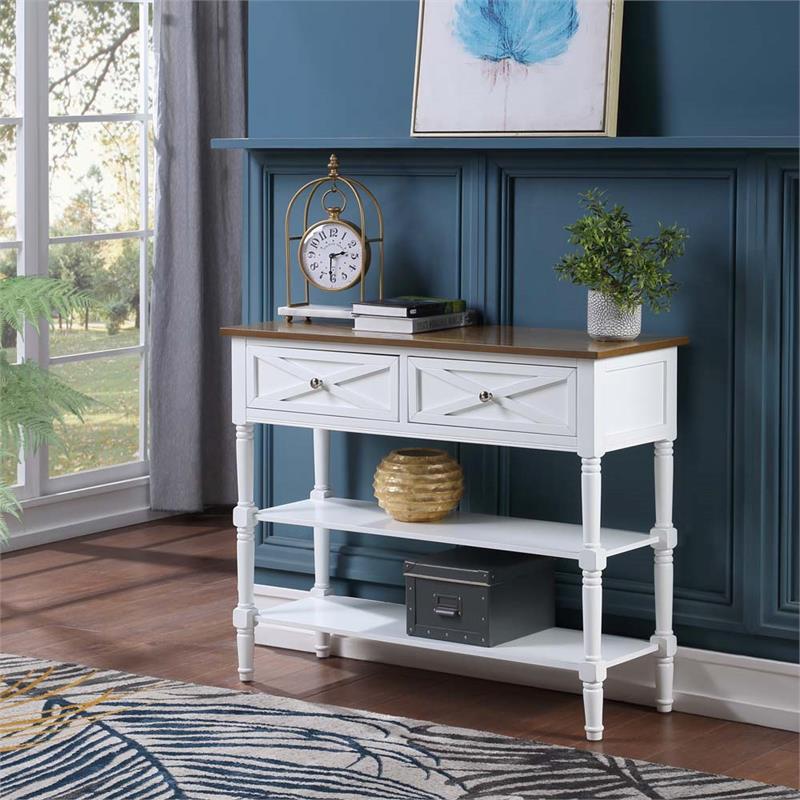 Country Oxford Two-Drawer Console Table in Driftwood Brown and White Wood Finish