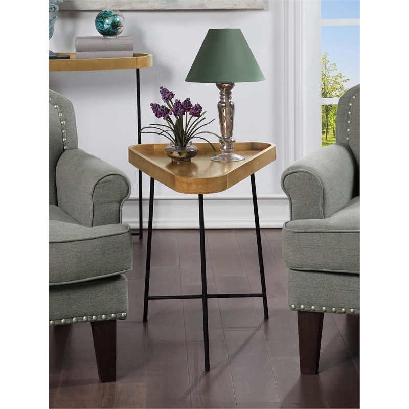 Lunar Triangle End Table in Driftwood Brown Wood and Black Metal Frame