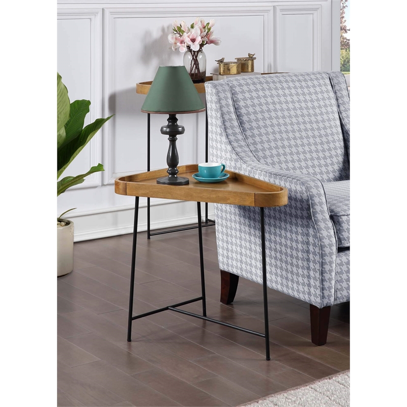 Lunar Triangle End Table in Driftwood Brown Wood and Black Metal Frame