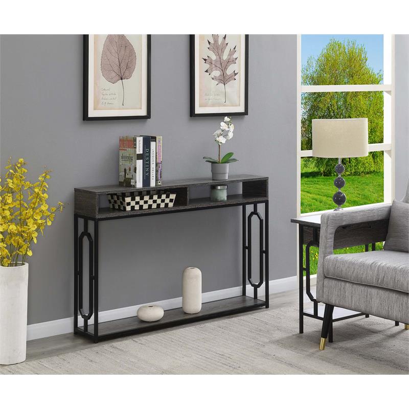 Omega Deluxe 2 Tier Console Table in Weathered Gray Wood and Black Frame