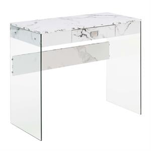 SoHo Glass 36 Desk in Clear Glass and White Faux Marble Finish with Drawer