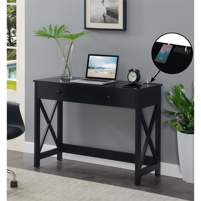 Convenience Concepts Oxford 42-Inch Desk with Charging Station in Black Wood