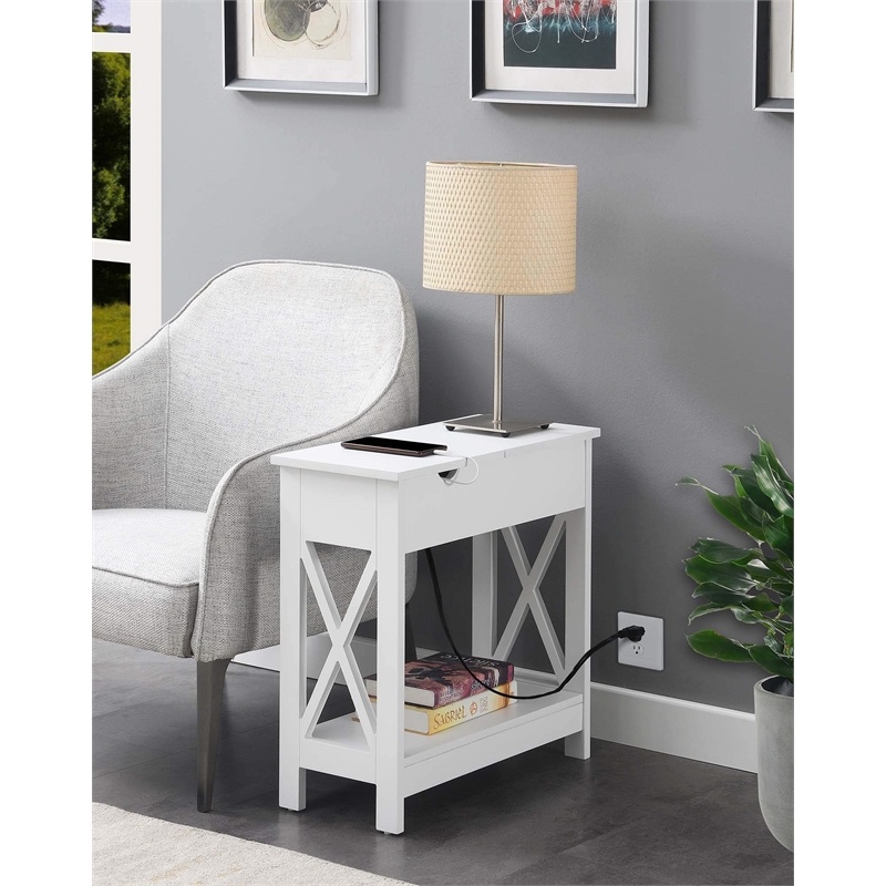 Oxford Flip Top End Table with Charging Station in White Wood Finish
