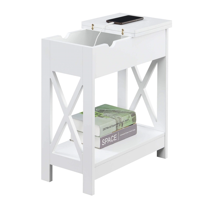 Oxford Flip Top End Table with Charging Station in White Wood Finish