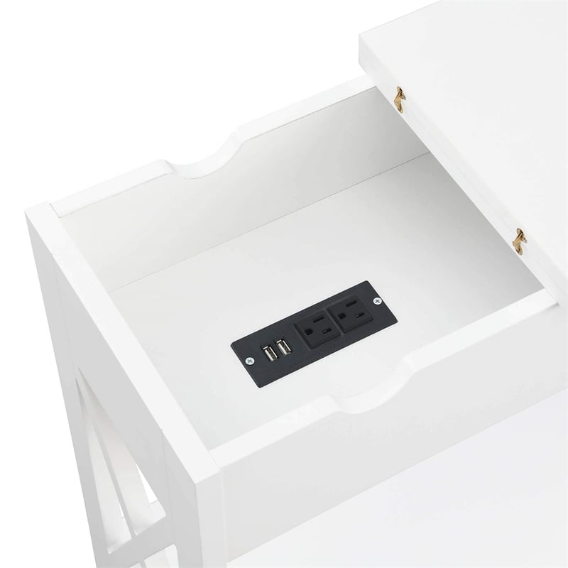 Oxford Flip Top End Table with Charging Station in White Wood Finish