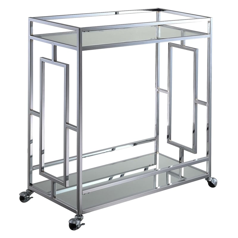 Convenience Concepts Town Square Bar Cart in Clear Glass and Chrome Metal Frame