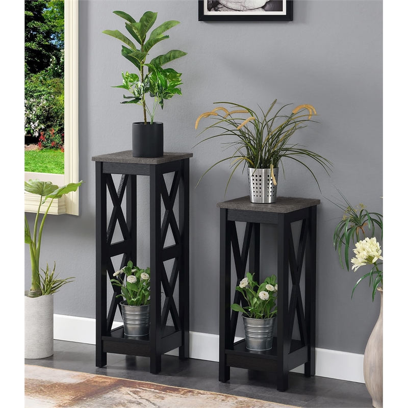 Convenience Concepts Oxford Tall Plant Stand in Black Wood and Faux Cement Top